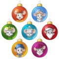 Set of Christmas colorful bright baubles with drawing cartoon mouses rats.