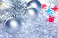 Christmas baubles silver on winter ice Royalty Free Stock Photo