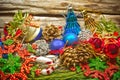 Christmas baubles and vary of decoration on wood background Royalty Free Stock Photo