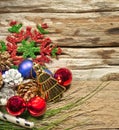 Christmas baubles and vary of decoration on wood background Royalty Free Stock Photo