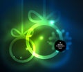 Christmas baubles, vector magic dark background with glowing New Year spheres Royalty Free Stock Photo