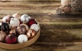 Christmas baubles and wicker decoration for traditional winter celebration