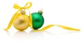 Christmas baubles yellow and green with ribbon bow isolated on white background Royalty Free Stock Photo