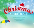 Christmas at the beach banner or poster seashore landscape. Vacation winter. Vector