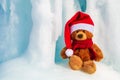 Christmas bear in a Santa Claus hat and a red knitted scarf tied around his neck. A bear sits in an ice cave in winter