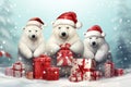 christmas bears holding gifts wearing santa claus hat Royalty Free Stock Photo