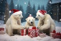 christmas bears holding gifts wearing santa claus hat Royalty Free Stock Photo