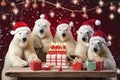 christmas bears holding gifts wearing santa claus hat Royalty Free Stock Photo