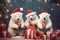 christmas bears holding gifts wearing santa claus hat Royalty Free Stock Photo