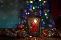 Christmas. Beautiful lantern on a background of colored lights. Royalty Free Stock Photo