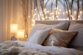 A Christmas bedroom adorned with twinkling string lights. generative ai