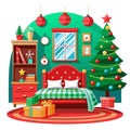 Christmas bedroom interior with redgreen colors with a christmas tree Royalty Free Stock Photo