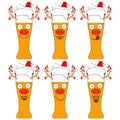 Christmas beer glasses in santa claus hats with deer faces and garlands on horns. The funny characters laugh and smile. Isolated v Royalty Free Stock Photo