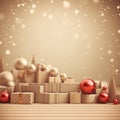 Christmas beige background with baubles and gift boxes.