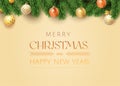 Christmas beige background with fir twigs, Christmas branch border and golden glass balls. Merry Christmas and Happy New Royalty Free Stock Photo