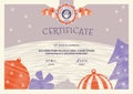 Christmas beige certificate with red violet Santa Claus and Snowman in stamp.