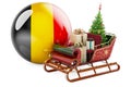 Christmas in Belgium, concept. Christmas Santa sleigh full of gifts with Belgian flag. 3D rendering