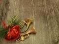 Christmas bell ball., gold trumpet, french horn