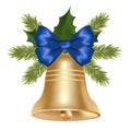 Christmas bell with blue bow and pine tree branch Royalty Free Stock Photo