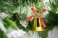 Christmas bell ornament hang on tree branch with green background Royalty Free Stock Photo