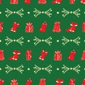 Christmas bells, gifts, branches green pattern.