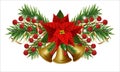 Christmas bells golden with Christmas flowers poinsettia. Happy New Year border with garland Christmas tree branches and holly Royalty Free Stock Photo