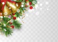 Christmas bells golden. Happy New Year border with Christmas tree branches and holly berries, gold ribbons. Bright decoration on Royalty Free Stock Photo