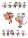 Christmas bells, a mouse in a suit with a bell and running and dancing mice in suits around Royalty Free Stock Photo