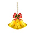 Christmas bells with a red bow and holly berry with leaves. Hang Royalty Free Stock Photo