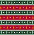 Christmas bells and snow flakes pattern on red and green striped Royalty Free Stock Photo