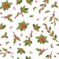 Christmas berry holly mistletoe leaves seamless vector pattern illustration for holiday background.