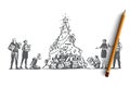 Christmas, big family, tree, celebration, happy concept. Hand drawn isolated vector. Royalty Free Stock Photo