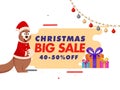 Christmas Big Sale Poster Design with 40-50% Discount Offer, Gift Boxes and Cartoon Squirrel Holding Snowball on White and Yellow