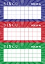 Christmas bingo cards with red, blue, green glowing backgrounds and snowflakes