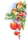 Christmas bird and Christmas background. watercolor illustration Royalty Free Stock Photo