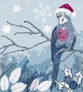 Christmas bird with decorations on a tree branch