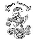 Christmas Bird with gift package in Zen-doodle style black on white Royalty Free Stock Photo