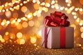 Christmas or Birthday gift box with red ribbon against garland from golden lights and bokeh background. Holiday greeting card Royalty Free Stock Photo