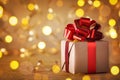 Christmas or Birthday gift box with red ribbon against golden lights and bokeh background. Holiday greeting card Royalty Free Stock Photo