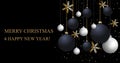 Christmas black background with dark blue and white Christmas balls and golden snowflakes. Happy New Year decoration. Elegant Xmas Royalty Free Stock Photo