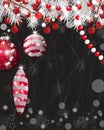 Christmas black background with fir white branches and holly berry and red baubles. Vector Royalty Free Stock Photo