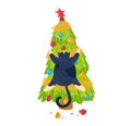 Christmas black cat on christmas tree cartoon vector illustration isolated on white. Holiday kitty funny pet Royalty Free Stock Photo