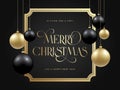 Christmas Black and Golden Baubles on Dark Background. Modern Golden Glitter Greetings Classic Frame Template. Winter Royalty Free Stock Photo