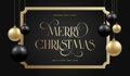 Christmas Black and Golden Baubles on Dark Background. Modern Golden Glitter Greetings Classic Frame Template Winter Royalty Free Stock Photo