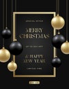 Christmas Black and Golden Baubles on Dark Background. Modern Golden Glitter Greetings Classic Frame Template. Winter Royalty Free Stock Photo