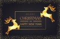 Christmas black poster gold glitter and golden triangle effect deer elements with frame. Merry Christmas and Happy New