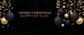 Christmas black shiny background with Christmas balls and golden ribbons. Elegant Xmas banner or poster. Happy New Year decoration Royalty Free Stock Photo