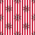 Christmas black snowflake seamless pattern. Black snow on red white lines background. Winter snow texture design wallpaper Symbol Royalty Free Stock Photo