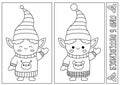 Christmas black and white find differences game for children. Attention skills activity with cute elf in stripy hat. New Year line