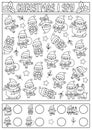 Christmas black and white I spy game for kids. Searching and counting line activity with cute kawaii holiday symbols. Winter